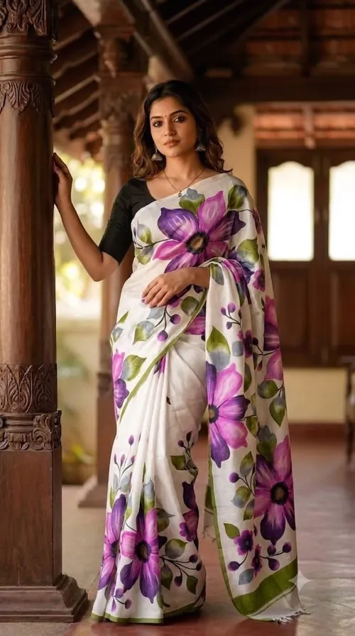 Hand-Painted Bishnupur Silk Saree with Big Floral Design – Latest Designer Collection